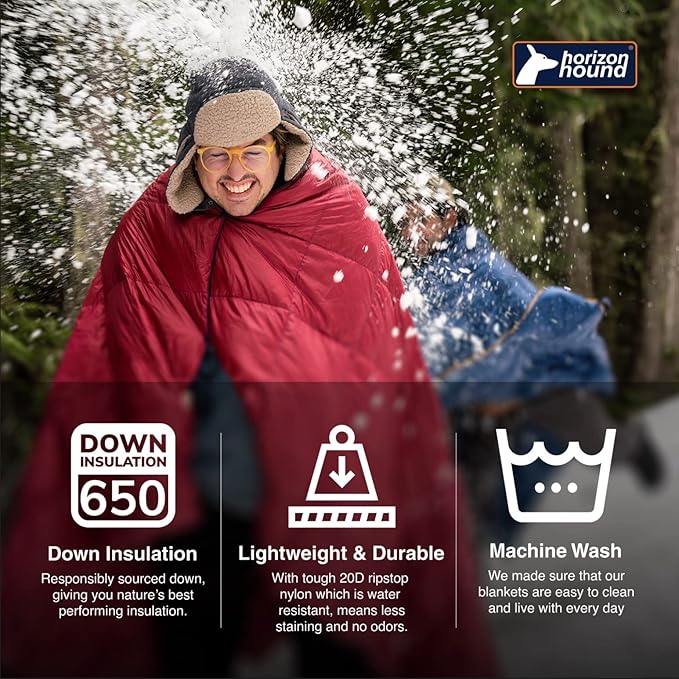 Horizon Hound Down Camping Blanket - Outdoor Travel Blanket | Sustainable Insulated Down | Lightweight & Warm Quilt for Camping, Stadium, Hiking & Festival | Water Resistant, Packable & Compact