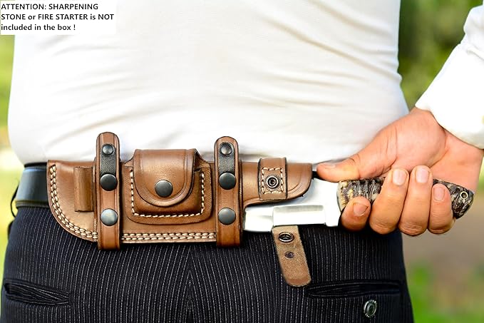 Ottoza Tracker Knife & Ram Horn Handle - Fixed Blade Hunting Knife - Horizontal Carry Knife Sheath 376