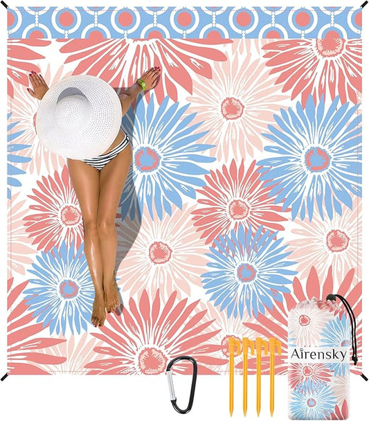 Airensky Beach Blanket, Sandproof Beach Mat 79" X 82" for 4-7 Adults, Large Waterproof Beach Blanket Lightweight Outdoor Blanket with 4 Stakes Beach Essential for Camping Travel Vacation(Pink Flowers)