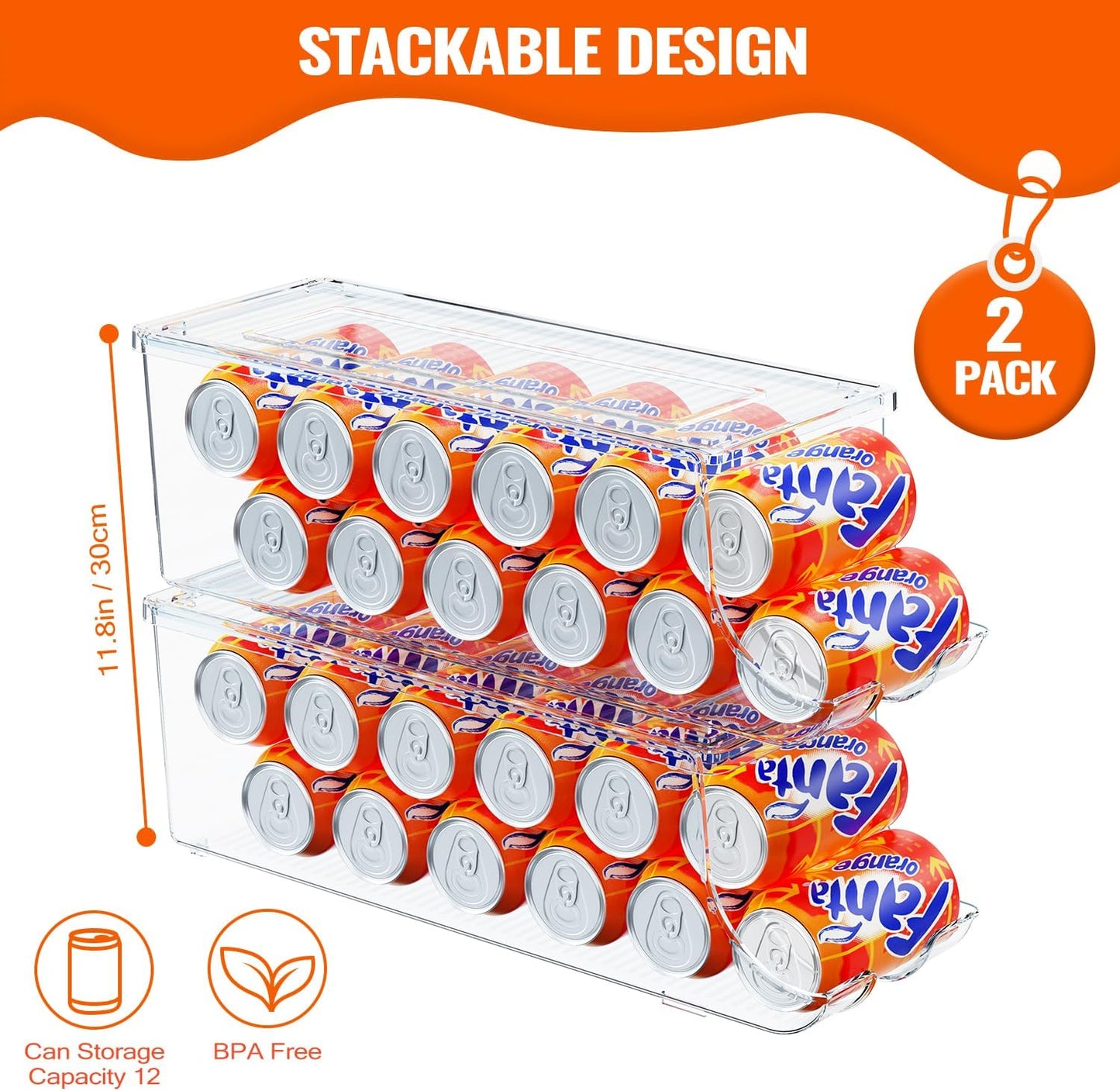 2 Pack Soda Can Organizer for Refrigerator, Stackable Canned Food Pop Cans Container Can Holder Dispenser with Lid for Fridge Rack Freezer, Clear Storage Bins-Holds 12 Cans Each (Clear)