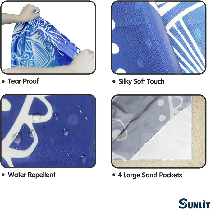 Sunlit Silky Soft 106"x81" Boho Sand Proof Beach Blanket Sand Proof Mat with Corner Pockets and Mesh Bag for Beach Party, Travel, Camping and Outdoor Music Festival, Blue and Pink Mandala