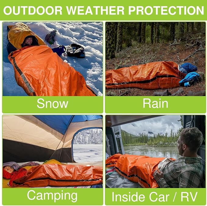 Emergency Sleeping Bag, 2 Pack Portable Thermal Bivy Sack, Waterproof Lightweight Emergency Blanket Survival Gear with Compass and Whistle for Camping Hiking Outdoor Adventure