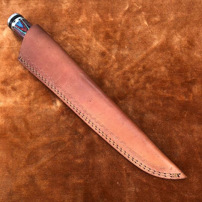 Custom Handmade Damascus 15" Rain Drop With Color Dollar Sheet Kitchen Knife With Leather Sheath