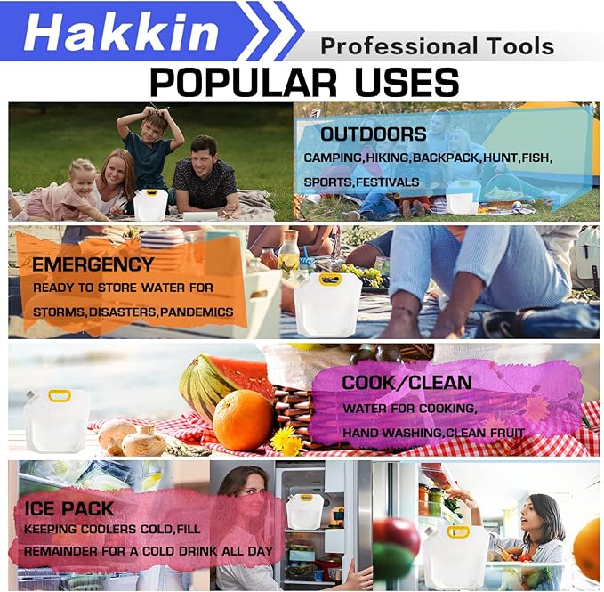 Hakkin Collapsible Water Tank Container 4 Pack 0.4 Gallon/1.5L, No-Leak Freezable Portable BPA Free Food Grade Plastic Storage Jug for Camping, Hiking, Travel, Emergency Survival Kit Bonus