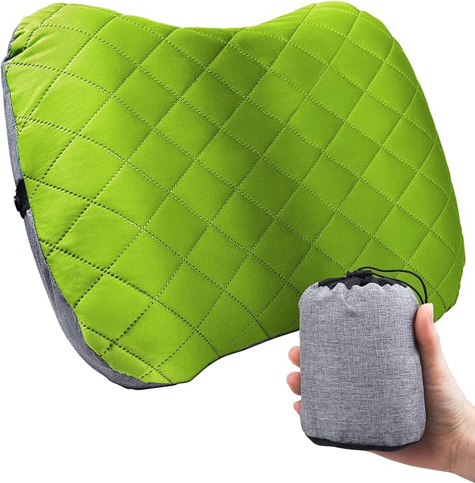 Inflatable Camping Pillow with Removable Cover - Ultralight Compact Camp Pillows for Sleeping, Backpacking, Hiking, Beach, Outdoor - Portable Blow Up Air Travel Pillow for Neck & Lumbar Support -Green