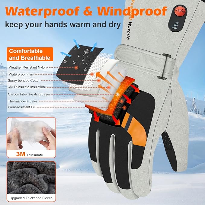 Heated Gloves for Men Women - 3 Heat Levels&Electric Rechargeable Battery Gloves for Winter Skiing Skating Snow Camping Hiking Heated Hand Warmer Gloves