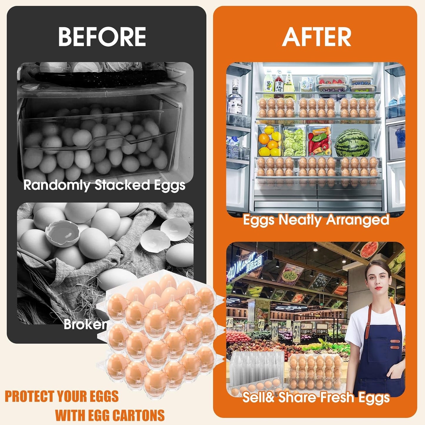 120 Pack Egg Cartons Cheap Bulk, 12 Count Clear Empty Egg Cartons for Fresh Chicken Eggs, 3x4 Grids Reusable Egg Holder Trays for Refrigerator Use, Chicken Farming, Family Storage and Market Purpose