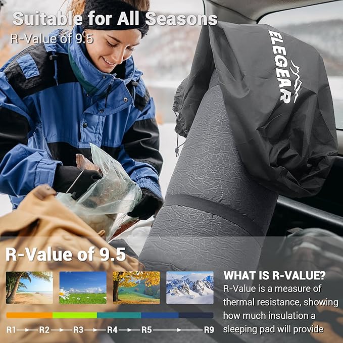 Elegear Self Inflating Camping Sleeping Pad, 3.1'' Ultra Thick Memory Foam Camping Pad with Pillow, 20s Fast Inflating 9.5 R-Value Insulated 4-Season Camping Mattress Pad for Camping/Travel/Tent/Car