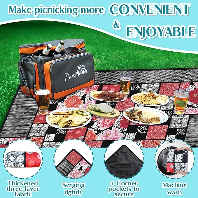 Floral Peony Flower Picnic Blanket Waterproof Foldable Extra Large Picnic Mat Beach Blanket 60"x80" for Camping Beach Hiking Patio Party Outdoor Decor Gifts