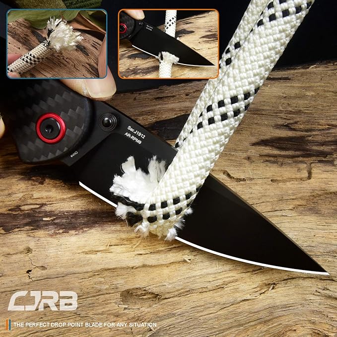CJRB CUTLERY Folding Knife Feldspar(J1912) AR-RPM9 Powder Steel Black PVD Blade Carbon fiber Handle Pocket Knife EDC Knife, Carbon Fiber Handle