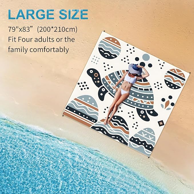 Large Beach Blanket Waterproof Sandproof 79"x 83" for 1-4 Adults,Quick Drying Beach Mat,Lightweight & Durable,Beach Essentials for Family Beach Camping Travel Picnic (Line Turtle)