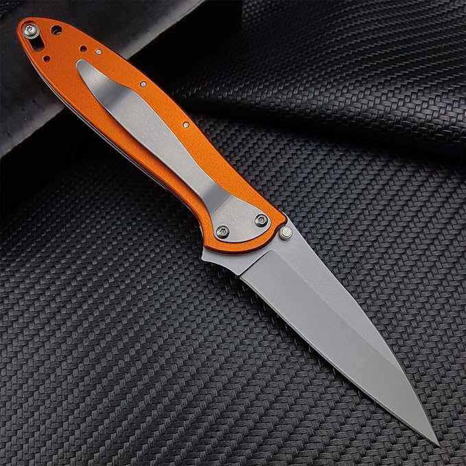 Outdoor Orange Pocketknife, 3" Bead Blast Plain Blade, Stainless Steel Handle, Dual Lock System, Tactical Hunting Folding Knife For Men Women