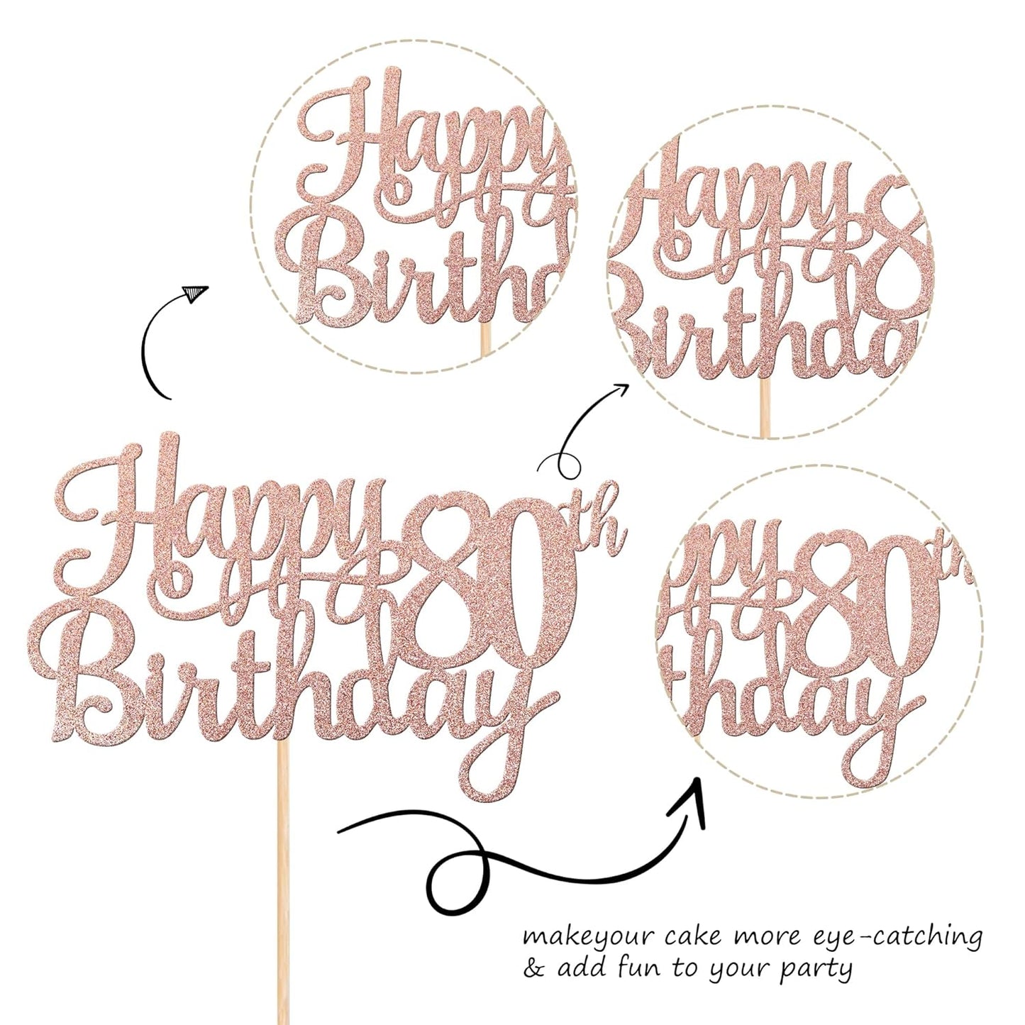 1 PCS Happy 80th Birthday Cake Topper Glitter Cheers to 80 Years Birthday Cake Pick 80 Fabulous Cake Decoration for Happy 80th Birthday Theme Party Decorations Supplies Rose Gold
