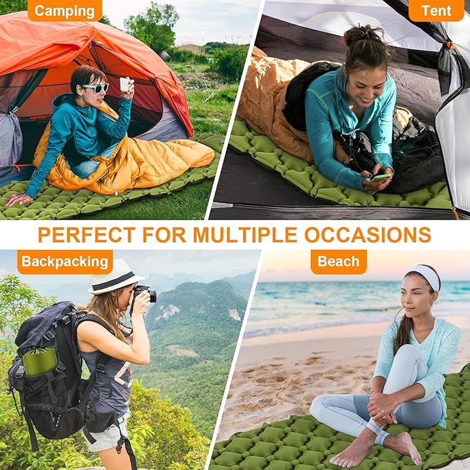 Sleeping Pad Ultralight Inflatable Sleeping Pad for Camping, 80''X25'', Built-in Pump, Ultimate for Camping, Hiking - Airpad, Carry Bag, Repair Kit - Compact & Lightweight Air Mattress（Green）