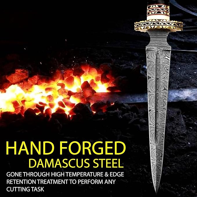 NBGRLVS Damascus Beautiful Steel Dagger Knife - Camel Bone Handle - Sharp Edge Fix Blade - Genuine Multipurpose Knife 12.5” Handmade Premium Quality - Bull Horn with Brass Spacer Ideal for Outdoor