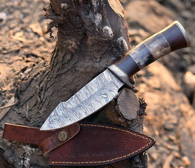 Damascus Steel Hunting Knife Fixed Blade for Camping, Survival- Premium Outdoor Gear for Versatile Use - Razor Sharp Edge with Bone and Rose Wood