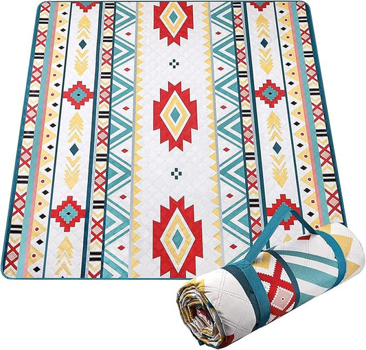 EXELNT Extra Large Outdoor Picnic Blankets Waterproof, for The Beach, Camping Travelling on The Grass, Park Blanket, Rolling Up Packaging，Portable Carring, 79" x 79" Picnic Mat - Aksu Style (green)