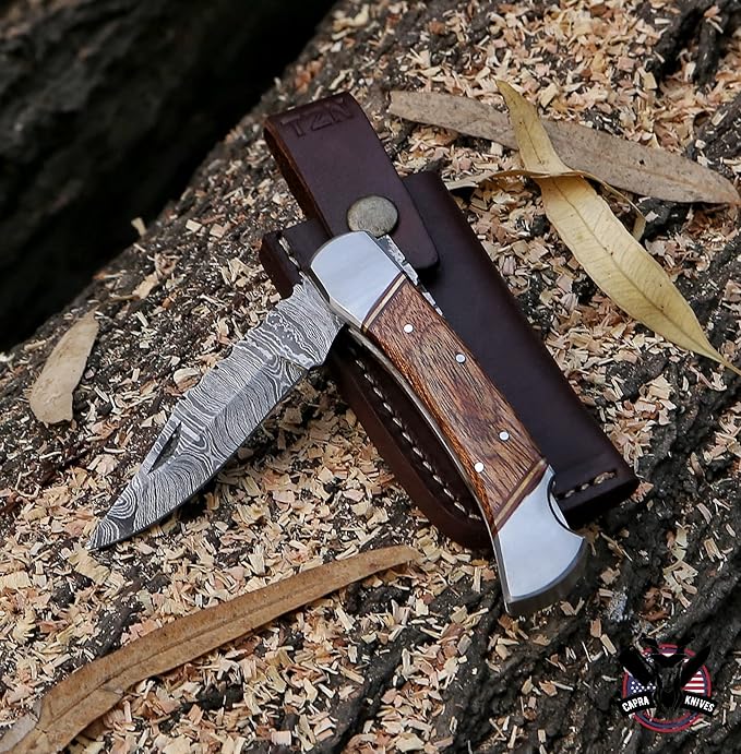 Capra Knives CK-43 Handcrafted Folding Pocket Knife 5” Folded, 9” Long Overall, 8oz Mohagni Wood Handle, Damascus Blade with Leather Sheath