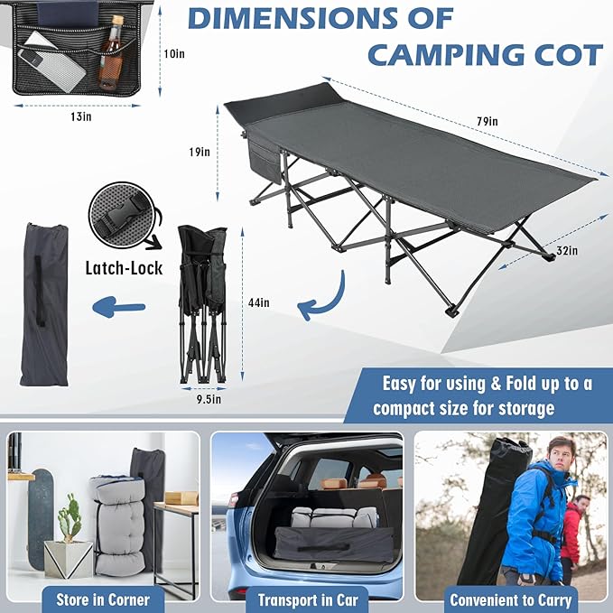 Oversized Folding Camping Cot 32inch w/Mattress, Heavy Duty Portable Sleeping Cot with Carry Bag, Double Layer Oxford Travel Camp Cots for Outdoors & Indoors, Suit for Adults Kids ，Navy/Grey