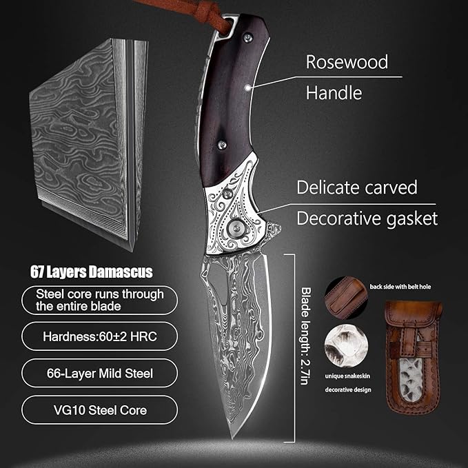 Japanese handmade vg10 damascus steel folding knife with pocket clip,leather sheath,rosewood handle knives for men