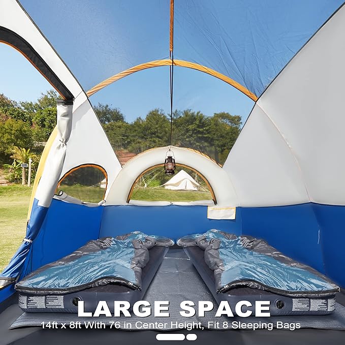8 Person Tent for Camping, Waterproof Windproof Family Tent with Rainfly, Divided Curtain Design for Privacy Space, Portable with Carry Bag