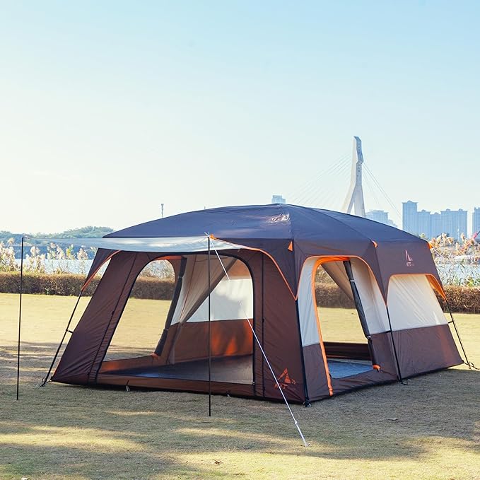 KTT Extra Large Tent 10-12-14 Person(Style-B),Family Cabin Tents,2 Rooms,3 Doors and 3 Windows with Mesh,Straight Wall,Waterproof,Double Layer,Big Tent for Outdoor,Picnic,Camping,Family Gathering