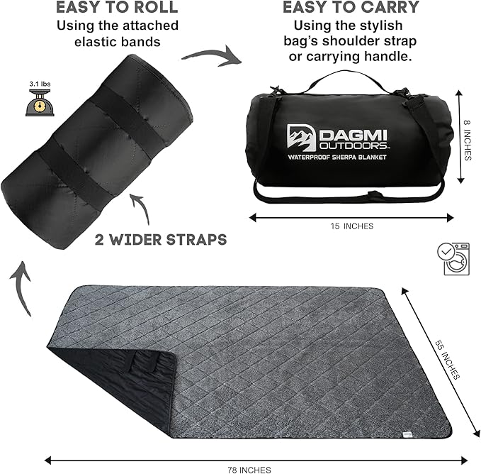 Sherpa Waterproof Outdoor Blanket. Large Sherpa Stadium & Camping Blankets for Cold Weather. Perfect for Picnic, Concerts, Grass, Car, Boat. Windproof, Extra Warm, Machine Washable.