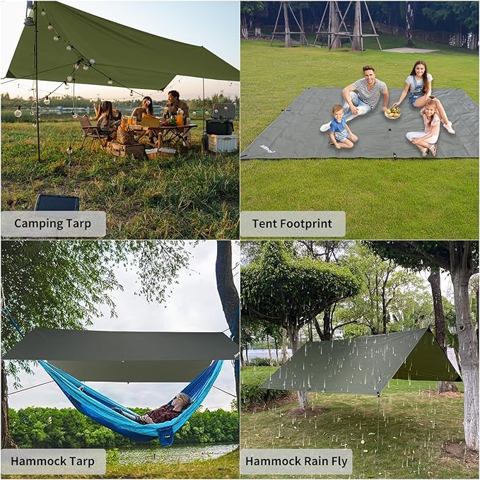 Hammock Rain Fly 10×10FT - Waterproof Camping Tarp Portable Tent Tarp Premium Backpacking Tarp Sheleter with UV Protection Layer for Camping Hiking Outdoor(OdGrreen)