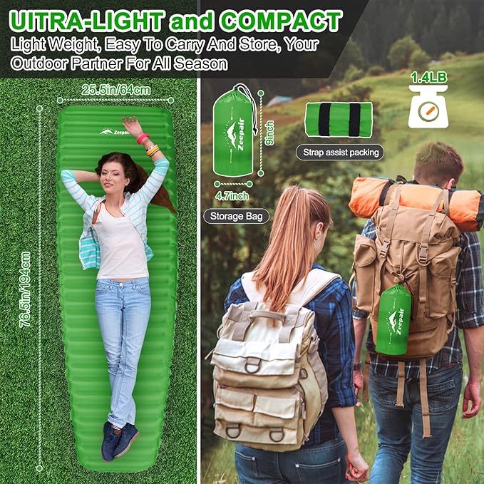 Sleeping Pad for Camping - Ultralight Inflatable Sleeping Mat for Camping Backpacking Hiking Tent Traveling - Portable Compact Lightweight Waterproof Air Mattress with Inflating Bag - Green