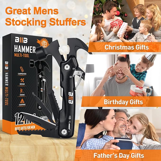 BIIB Gifts for Men, 12 in 1 Hammer Multitool Birthday Gifts for Men Camping Essentials, Mens Gifts for Him, Husband, Grandpa, Gifts for Dad Who Wants Nothing, Cool Gadgets Camping Stuff Survival Tools