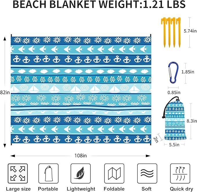 Large Beach Blanket Waterproof Sandproof 108"x 82" for 1-6 Adults,Quick Drying Beach Mat,Lightweight & Durable,Beach Essentials for Family Beach Camping Travel Picnic
