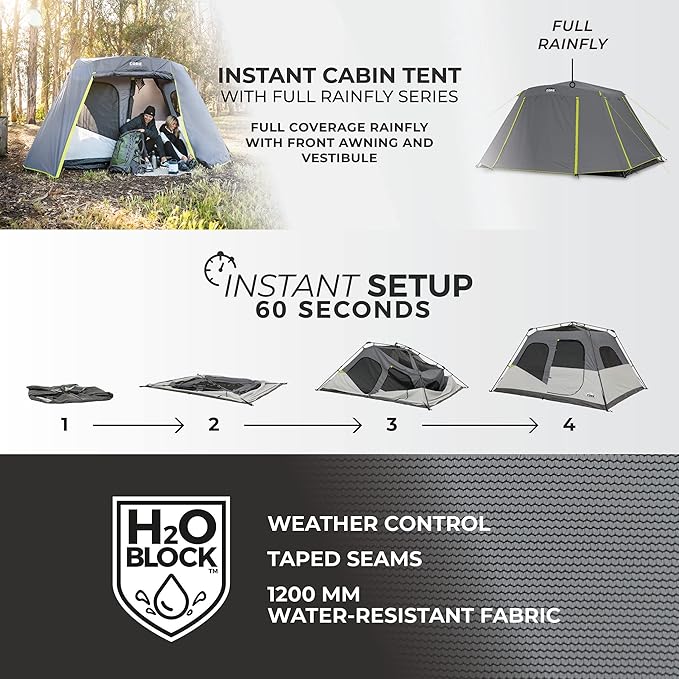 CORE Instant Cabin Tents | 6 Person / 9 Person / 10 Person / 12 Person Family Cabin Multi Room Pop Up Tents Car Camping | Included Storage Pockets for Camping Accessories