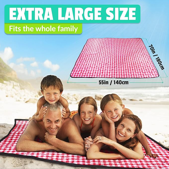 Beach Blanket Sand Proof & Outdoor Picnic Blanket - Water Resistant, Large Mat for Camping or Travel. Washable, Foldable, Easy Carry Compact Tote Bag (Checkered Red/White)