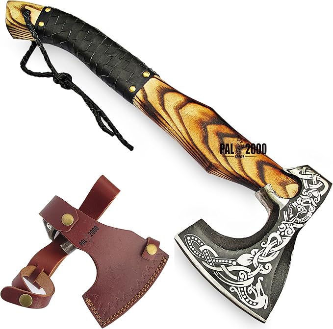 AX-9896 Custom Handmade Viking Hatchet Axe Carbon Steel Bearded Axe Camping Tomahawk Battle Axe with Leather Sheath