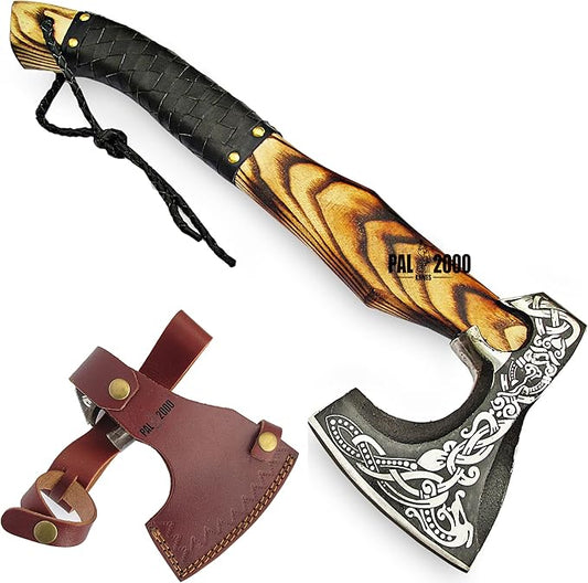 AX-9896 Custom Handmade Viking Hatchet Axe Carbon Steel Bearded Axe Camping Tomahawk Battle Axe with Leather Sheath
