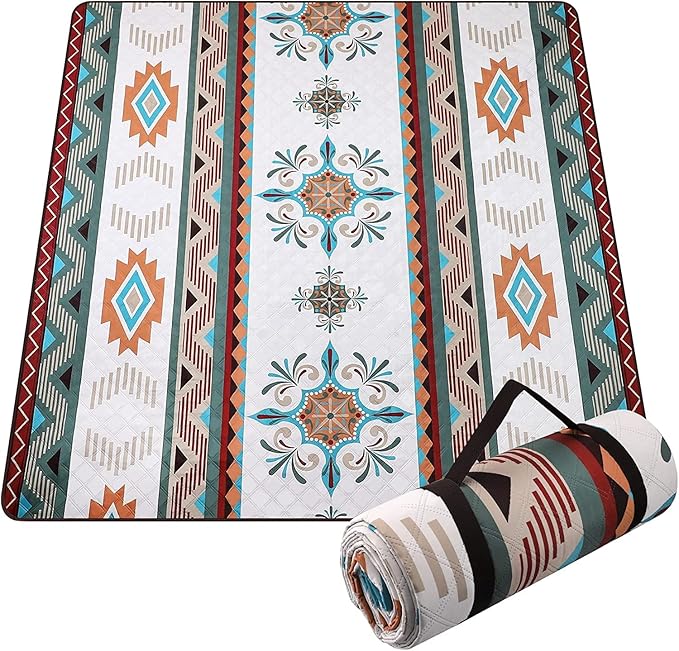 EXELNT Extra Large Outdoor Picnic Blankets Waterproof, for The Beach, Camping Travelling on The Grass, Park Blanket, Rolling Up Packaging，Portable Carring, 79" x 79" Picnic Mat - Aksu Style (Yellow)