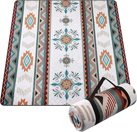 EXELNT Extra Large Outdoor Picnic Blankets Waterproof, for The Beach, Camping Travelling on The Grass, Park Blanket, Rolling Up Packaging，Portable Carring, 79" x 79" Picnic Mat - Aksu Style (Yellow)