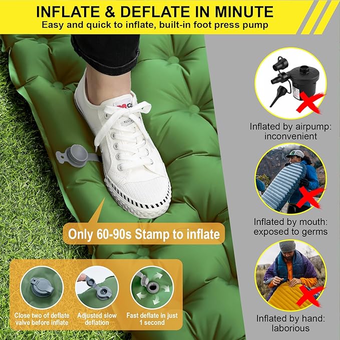 Double Sleeping Pad Inflatable 2 Person Sleeping Mat with Pillow and Foot Pump Extra Thick Ultralight Durable Camping Mat for Backpacking, Hiking
