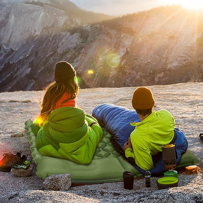 Double Sleeping Pad for Camping, 2 Person Ultralight Inflatable Sleeping Mat with Pillow and Built-in Foot Pump, Portable Camping Mattress for Tent, Backpacking, Hiking, Travel-Upgrade Green