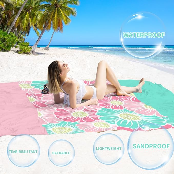 BYDOLL Beach Blanket Sandproof Waterproof Flower 78''×81''1-4 Adults Compact Lightweight Oversized Beach Blanket Large Picnic Mat Beach Blanket for Travel Camping Hiking Picnic