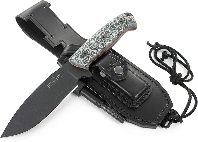 JEO-TEC Nº1 Full Tang Bushcraft Knife with Leather Sheath for Survival Hunting Camping Outdoor Activities - BOHLER N690C Stainless Steel, 4.53" Fixed Blade - Handmade