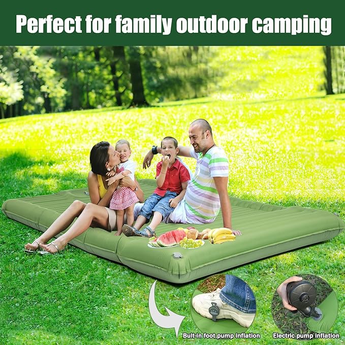 Double Sleeping Pad for Camping, 4.72" Ultra-Thick Self Inflating Camping Pad 2 Person with Pillow Built-in Foot Pump Portable Camping Pad for Backpacking, Hiking, Tent, Traveling(Green)