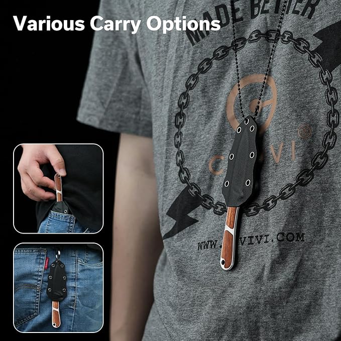 CIVIVI Mini Elementum Fixed Blade Knife with a Kydex Sheath and a Chain for EDC Neck Carry, Small Skeletonized Full Tang Knife with 2.24" Nitro-V Blade Wood Handle C23010-4