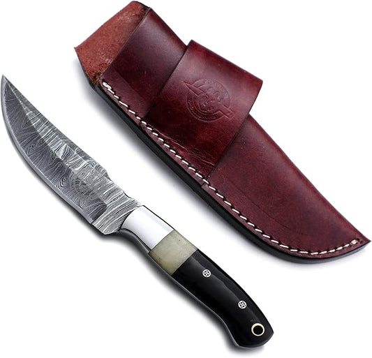 Handmade Damascus Steel Fixed Blade Knife Ideal for EDC Hunting,Survival,Camping,Bushcraft,And Fishing Fixed Blade with Drop Point Blade-Full Tang Bone Handle with CowHide-Leather Sheath-WKD-786