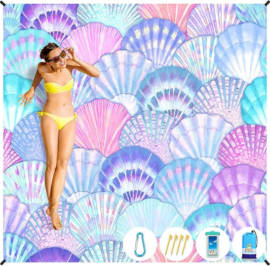 BYDOLL Beach Blanket Sea Shell Sandproof Waterproof 78''×81''1-4 Adults Compact Lightweight Oversized Beach Blanket Large Picnic Mat Blanket for Travel Camping Hiking Picnic