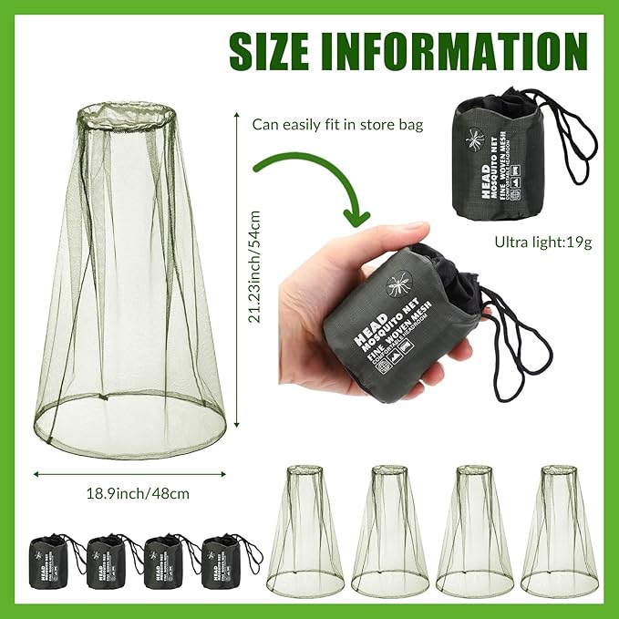 HESTYA 4 Pack Mosquito Net Mesh for Head Face Neck Fly Netting Hood from Bugs Gnats No See Net with Carry Bags for Outdoor