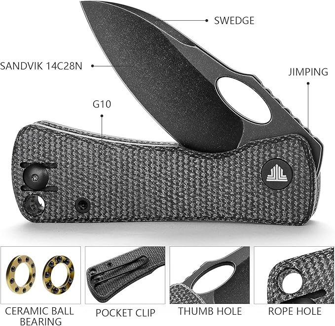 Pocket Knife for EDC,2.04in Titanium Coating 14C28N Steel Blade,Black Micarta Reversible Deep Carry Clip Handle,Folding Thumb Hole Knives for Men and Women，Andromeda-04B