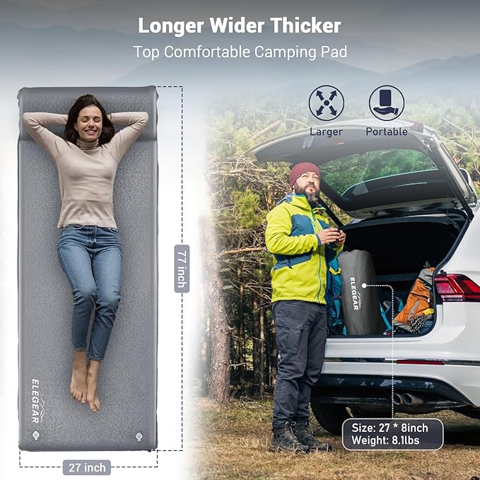 Elegear Self Inflating Camping Sleeping Pad, 3.1'' Ultra Thick Memory Foam Camping Pad with Pillow, 20s Fast Inflating 9.5 R-Value Insulated 4-Season Camping Mattress Pad for Camping/Travel/Tent/Car