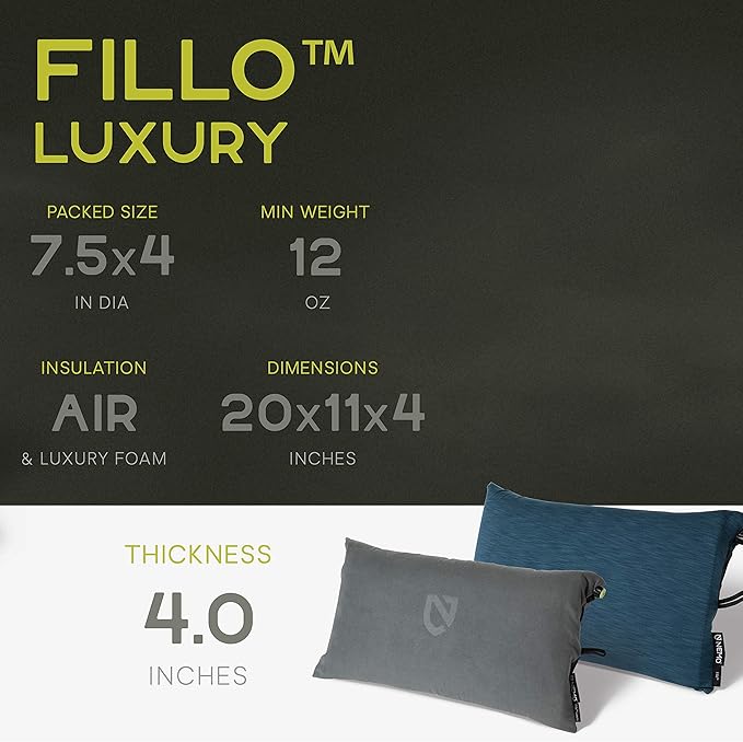 NEMO Fillo Luxury Pillow | Inflatable Pillow for Travel, Backpacking, and Camping, Goodnight Gray