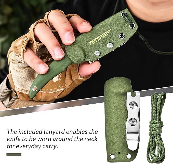 TONIFE Nova 2.68'' Blade Mini Neck Knife Knife Full Tang Fixed Blade Knife with Kydex Sheath and Adjustable Paracord Lanyard for Camping Outdoor Survival Tool (Green+Grey Titanium)